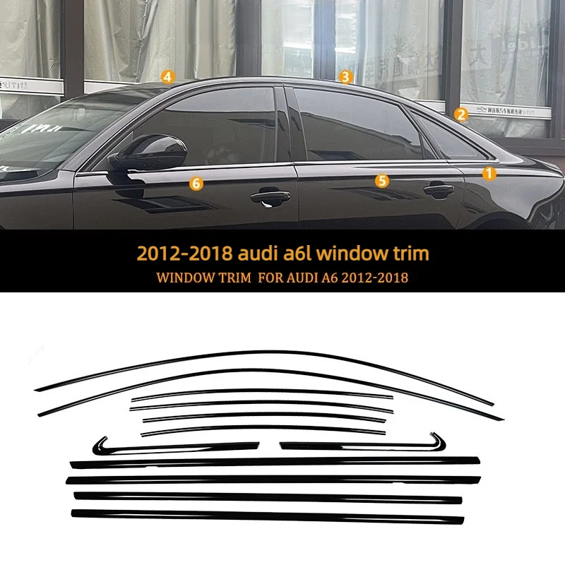 Pour modèles Audi A6 2012-2025, garniture de cadre de porte latérale chromée noire, accessoires de voiture, modification de garniture de fenêtre