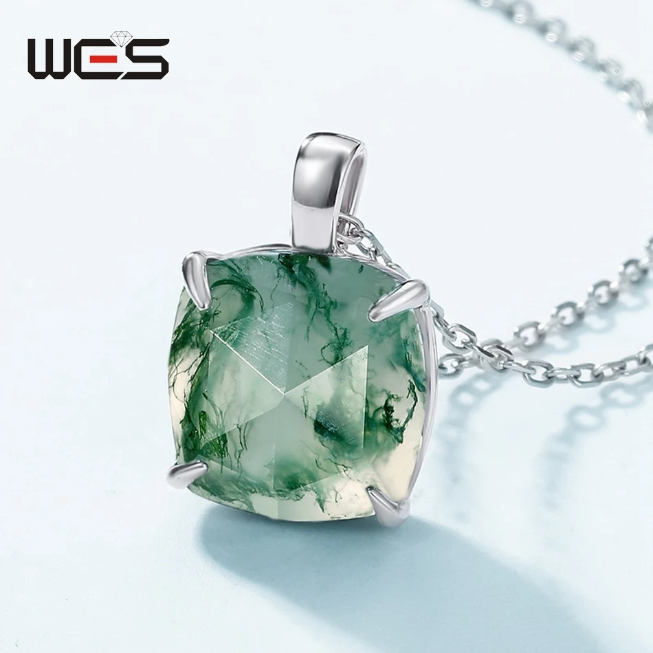 WES Simple Claw Setting Natural 10*10mm Moss Agate Pendant Necklace for Woman Rhodium Plated Engagement Gifts Fine Jewelry