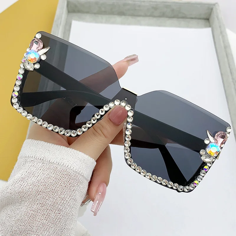 Rimless Square Diamond Eye Wear Goggles Oversized One-Pieces Sun Glasses Eye Protection Siamese Luxury Rhinestone Lentes De ol