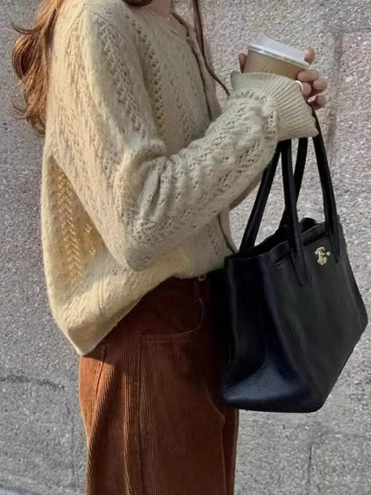 Comfortable Knitted Open Cardigan Long Sve Loose Fit  Color Slimming Design Trendy Pure Color Outerwear Lazy Sle