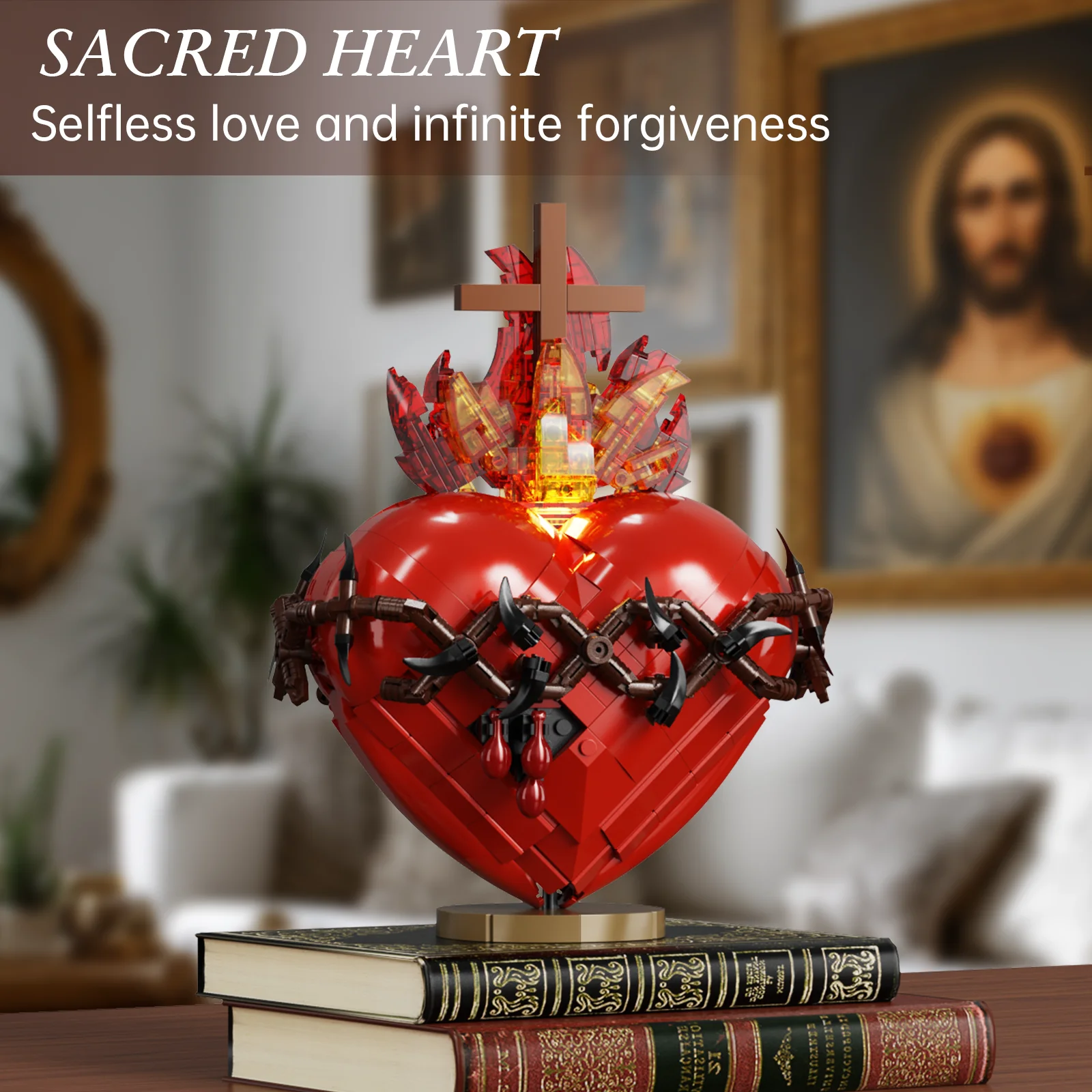 Baustein-Set mit heiligem Herz Jesu, Heimdekoration, Heiliges Herz, Gebetszimmer, christlich, religiöse Raumdekoration, Geschenk für Erwachsene