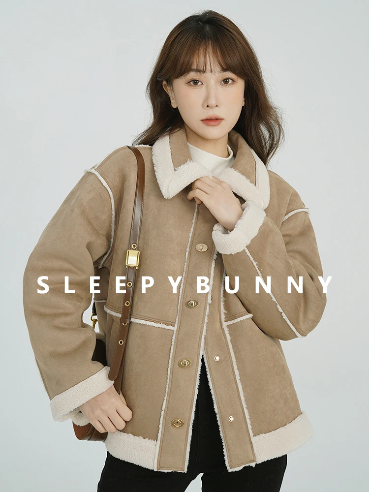 Faux Shearling Suede Jacket Women Winter Thick Warm Short Plush Coat Fleece Lined Fur-Look Outerwear Cold Weather Casual Style