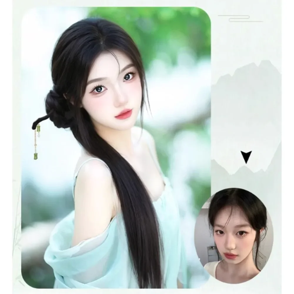 Chinese Ancient Style Bamboo Hairpin Synthetic Wig Long Simulation Ponytail Fake Hair Cheongsam Hairwear