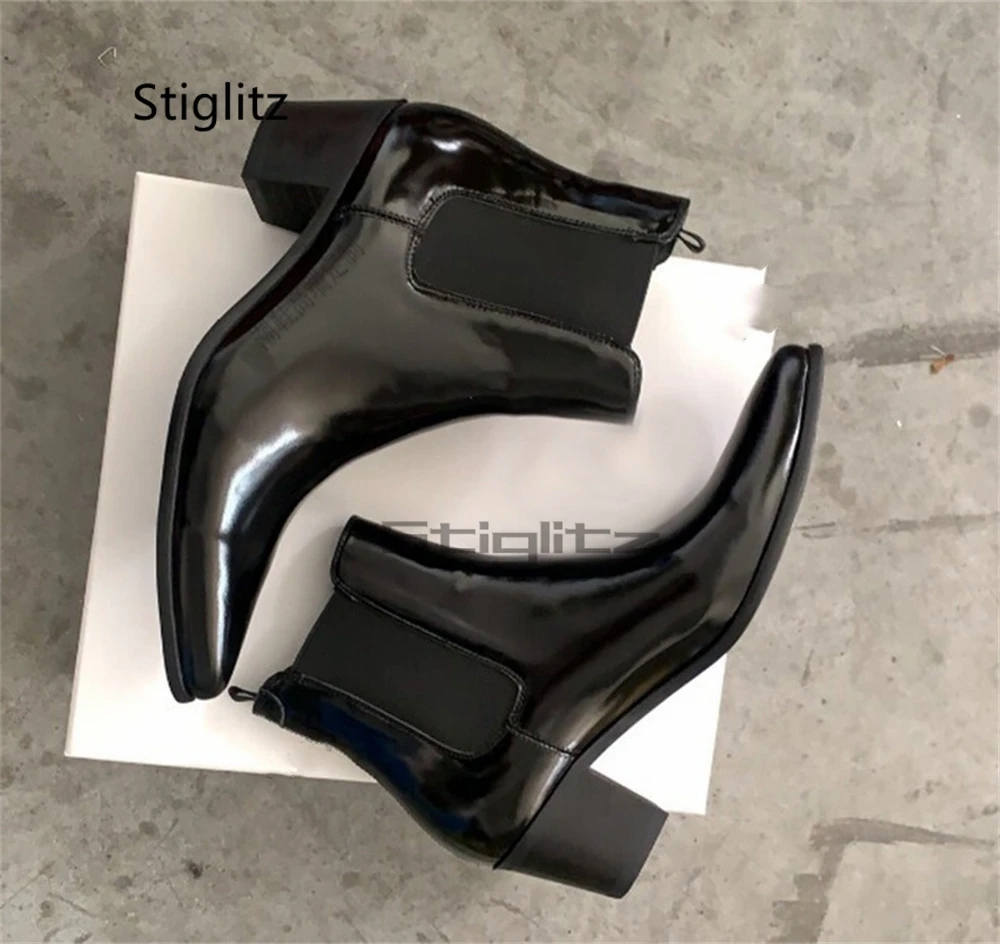 

Мужские ботинки челси из черной лакированной кожи на высоком каблуке, британские, с заостренным носком, на резинке, ручной работы