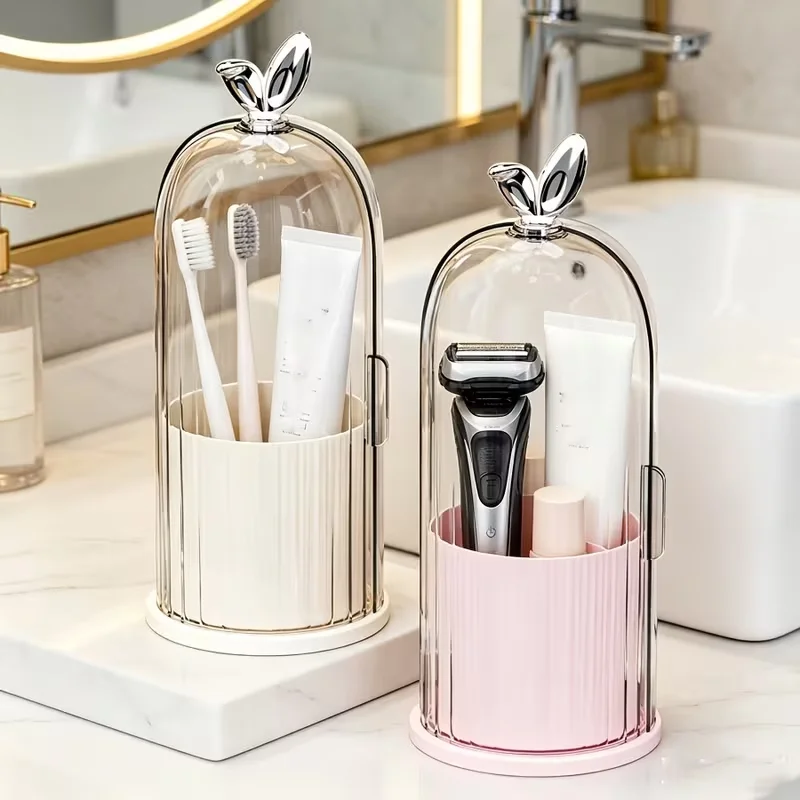 360° Rotating Toothbrush Holder Transparent Lid Makeup Organizer Box with Compartments for Storing Brushes