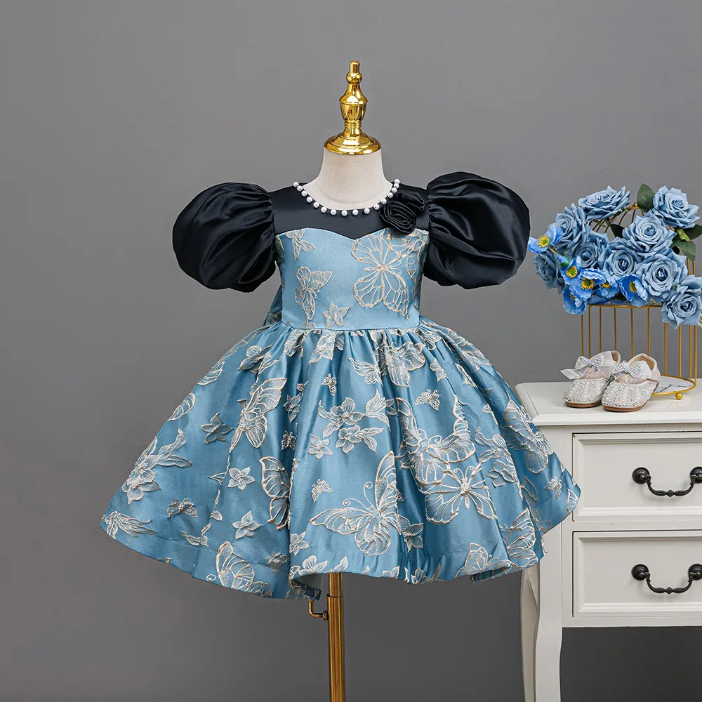 HETISO Butterfly Embroidery Girls Party Wedding Birthday Dress Vintage Flower Puff Sleeve Beading Yong Children's Ball Gown 1-7Y