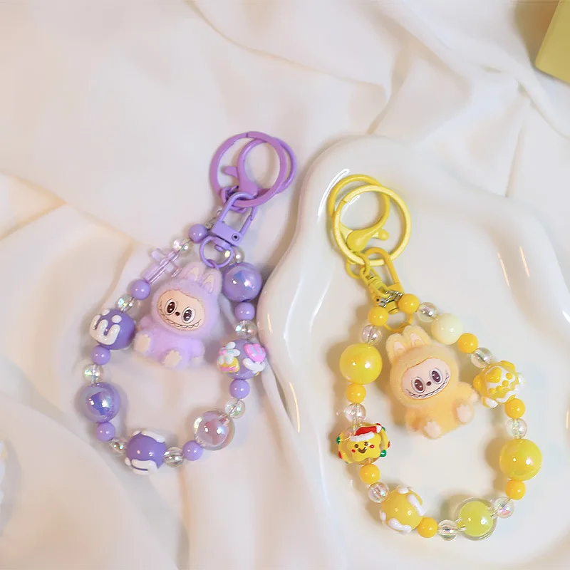 Labubu Keychain Flocking Doll Hand-Painted Beaded Cute Backpack Pendant Monsters Doll Car Keychain Charm Keyring Festivals Gifts