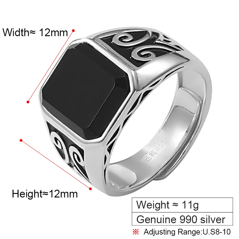 S990 Sterling Silver Black Ring Men's Trend Personality Men's Accessories Fashion Adjustable Jewelry Ring