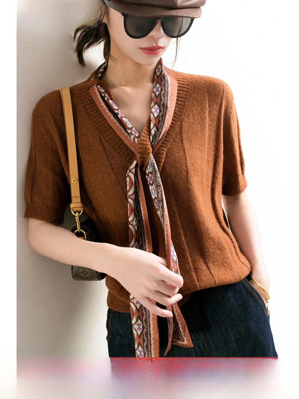 

TidePA Women's Soft Alpaca Wool ort Sve Knitted irt Orange Print Flounce Ne Design Casual Sle V-ne Loose Fit