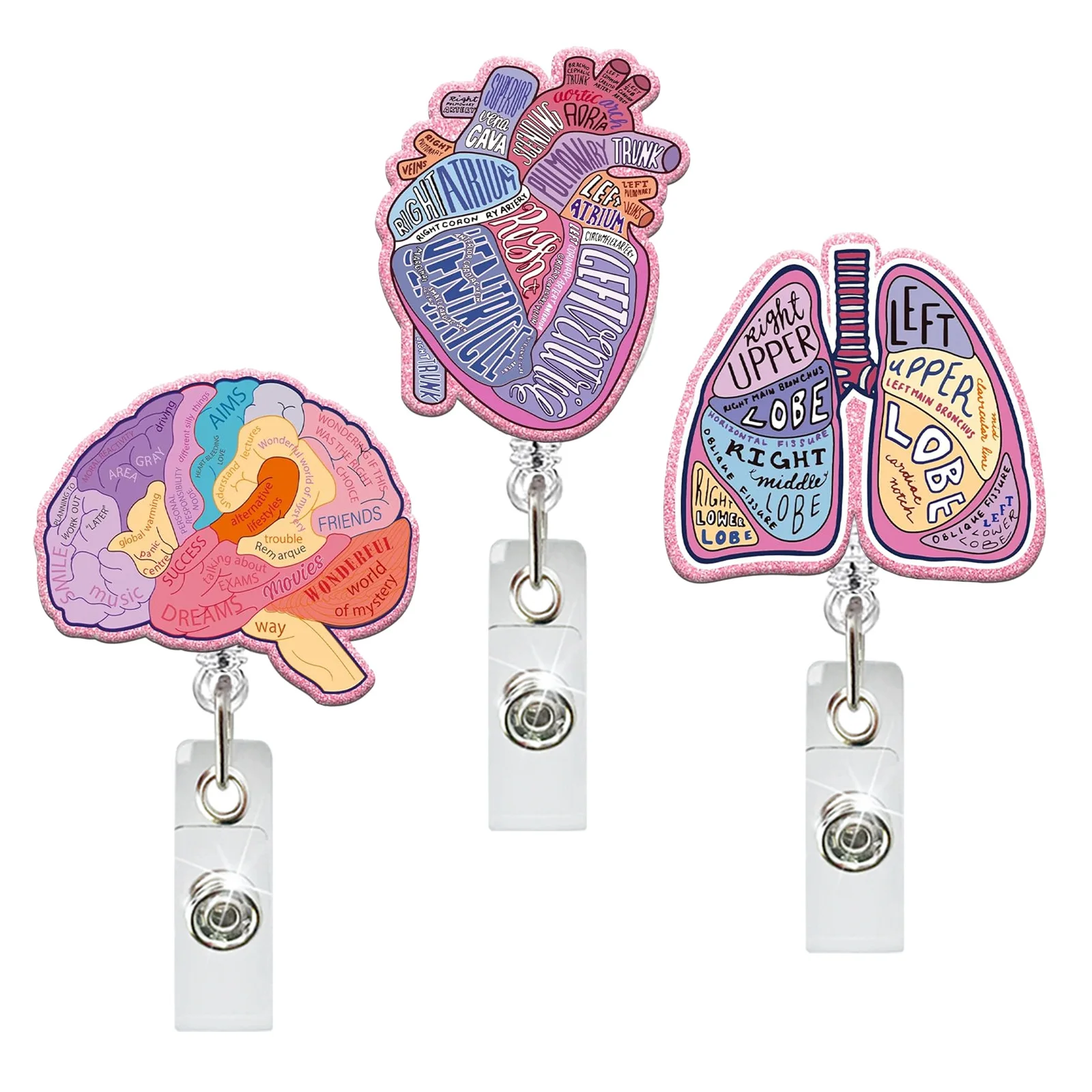 2026 New Design 1 Piece Shiny Acrylic Retractable Nurse Badge Reel Anime Heart Brain Lung Doctor ID Card Holder Alligator Clip