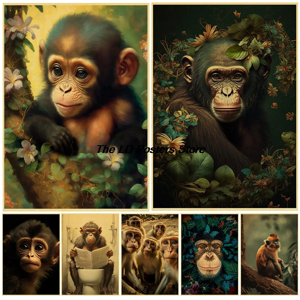 

Monkey Poster Animals Nostalgia Skateboard Gifts Canvas Room Pictures Skateboard Kraft Dormitory Coffee Wall Art Room Bar Decor