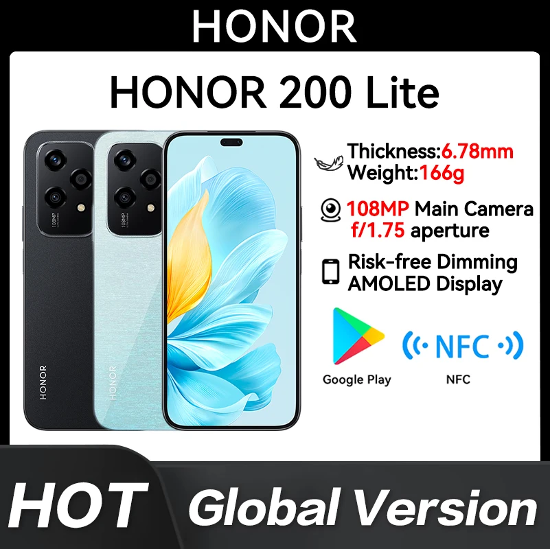 New Original Global Version HONOR 200 Lite LLY-NX1 Snapdragon 680 6.8inches 412 x 1080 6000mAh 35W SuperCharge Charger 108MP NFC