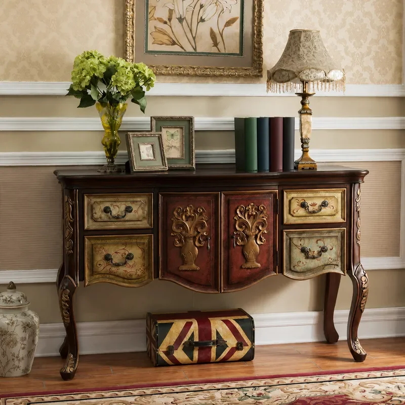 Entrance Cabinet Villa Wall Cabinet Four Buckets Double Door Storage Side Cabinet Carved Solid Wood Bottle An Entrance