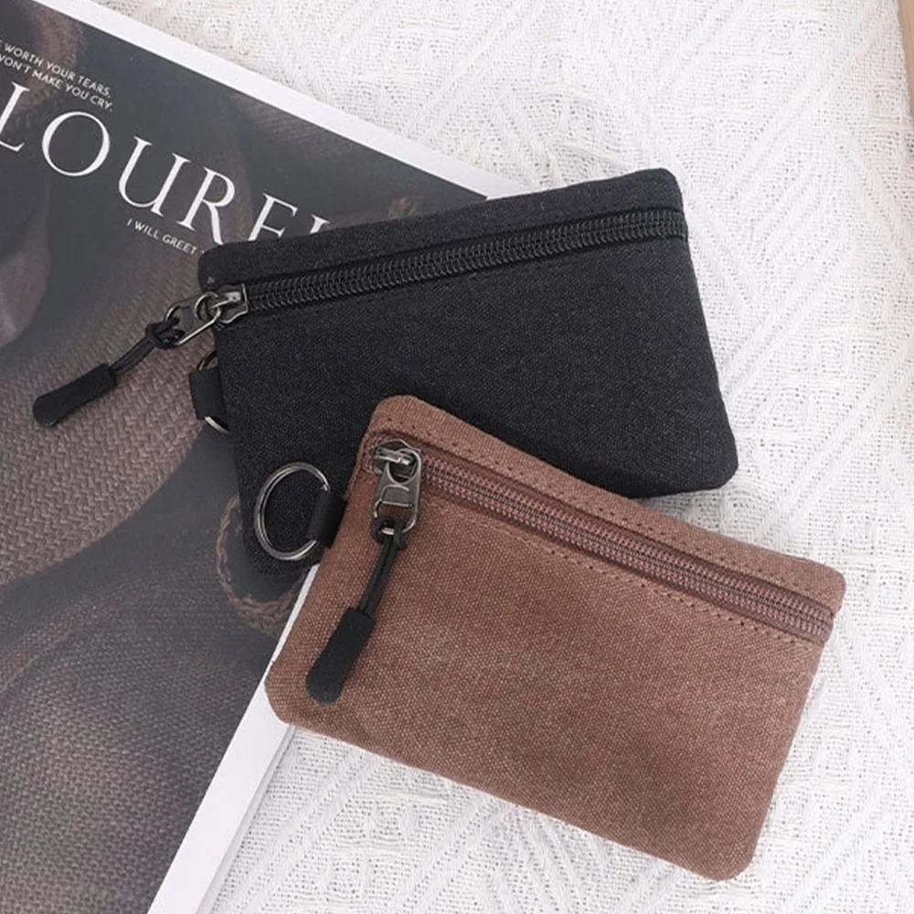 Casual Hand-held Canvas Coin Purse with Key Ring Retro Mini Coin Pouch Durable Solid Color Pouch Bag Key Case