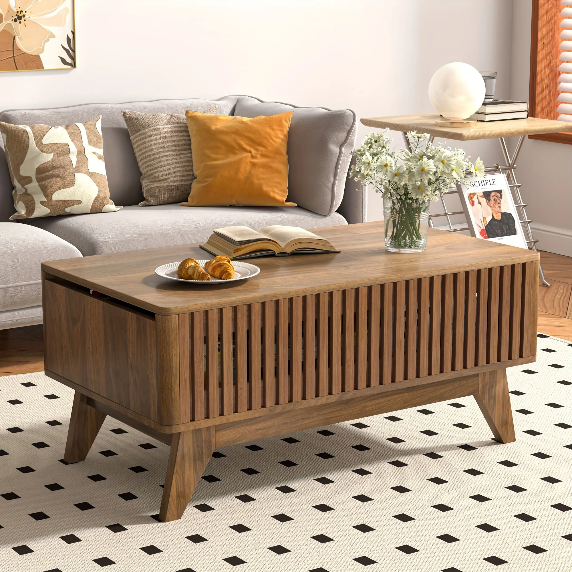 Lift Top Coffee Tables With Hidden Compartment, Mid Century Modern Farmhouse Center Table With Fluted Panel For Living Room