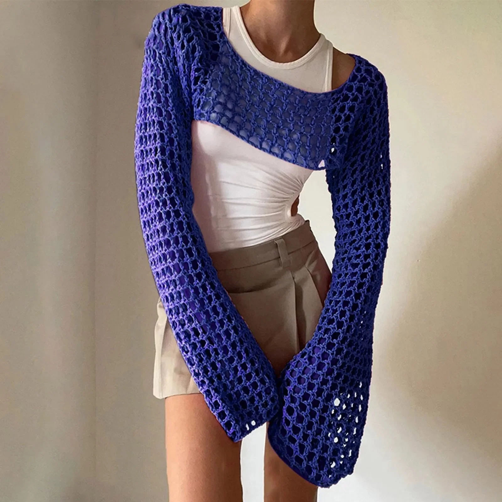 One Piece Long Sleeved Summer Swimsuit Solid Color Knitted Crochet hollow Crew Neck vacation swimwears Casual vacation Bikini