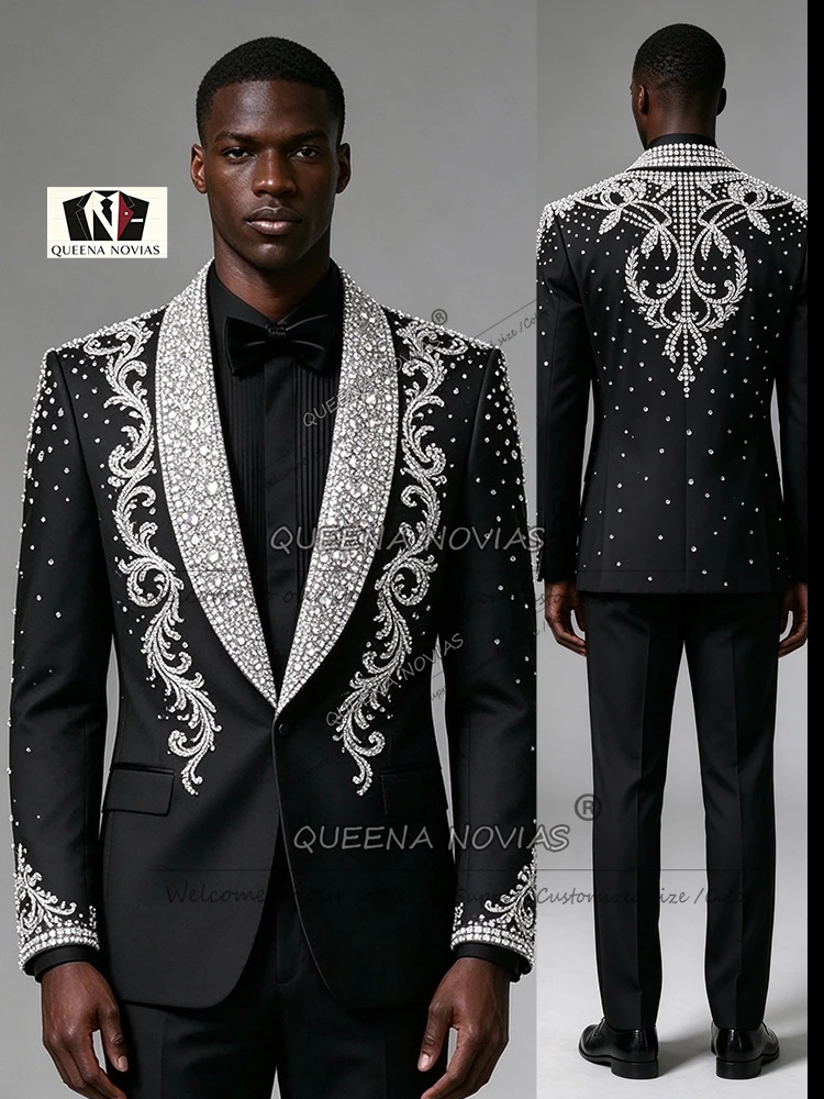 Sparkly Men Suit Set Hand Work Rhinestone Crystals Slim Fit Groom Tuxedos 2 Pieces Man Party Prom Blazers Customized Ropa Hombre
