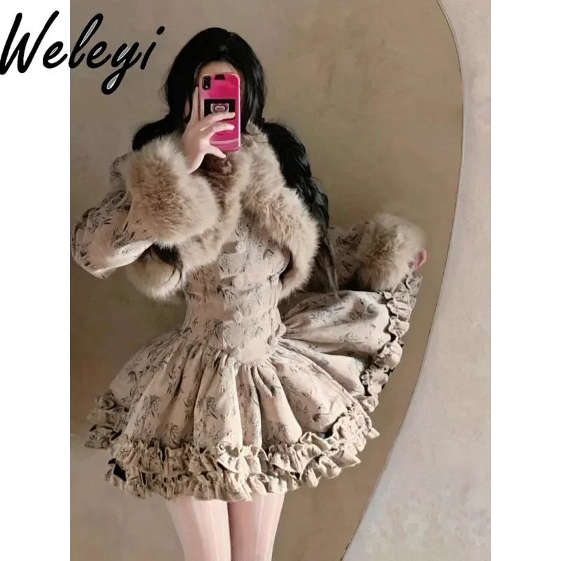 New Chinese Style Women's Two Piece Set Early Spring French Rich Family Daughter Plush Short Coat A Word Bud Short Dress Sets