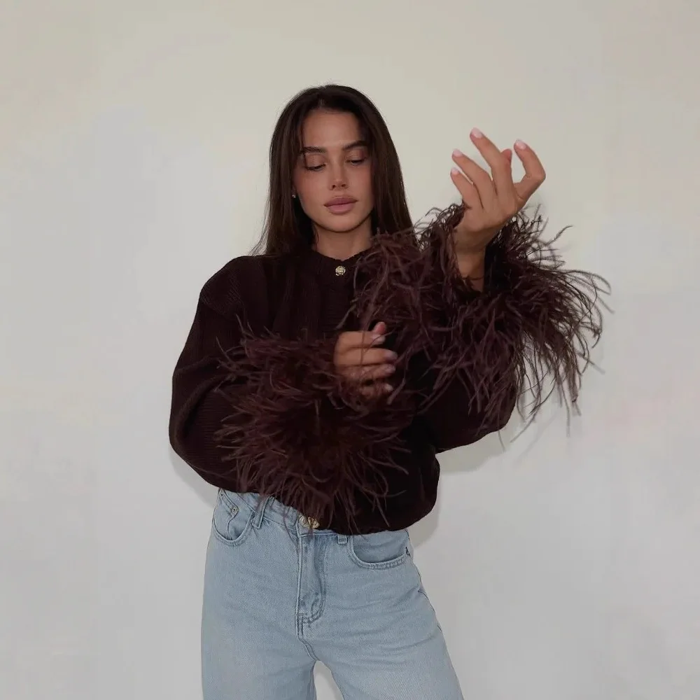 Women Solid Knit Cardigan Feather Tassel Long Sleeve Button Down Sweater Coat European Street Style Fashion Outerwear