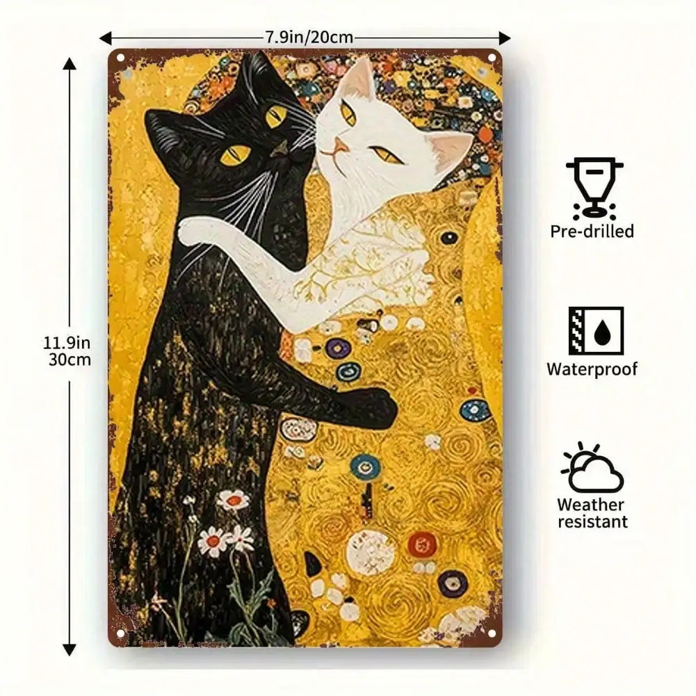 Panneau d'art mural en métal chat noir et blanc Vintage, Plaque en fer rétro 8x12 pouces avec Floral doré
