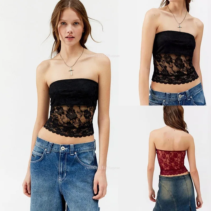 Boho Strand Vakantie Strapless Bloemen Kant Mouwloos Crop Tops Y2k Coquette Backless Slim Fit Vest Tees Strapless Top Corset
