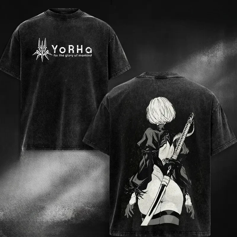 NieR Automata YoRHa No.2 Type B Printed Streetwear Men Women Casual Tshirts Short Sleeve Cotton Clothing Vintage Washed T Shirt