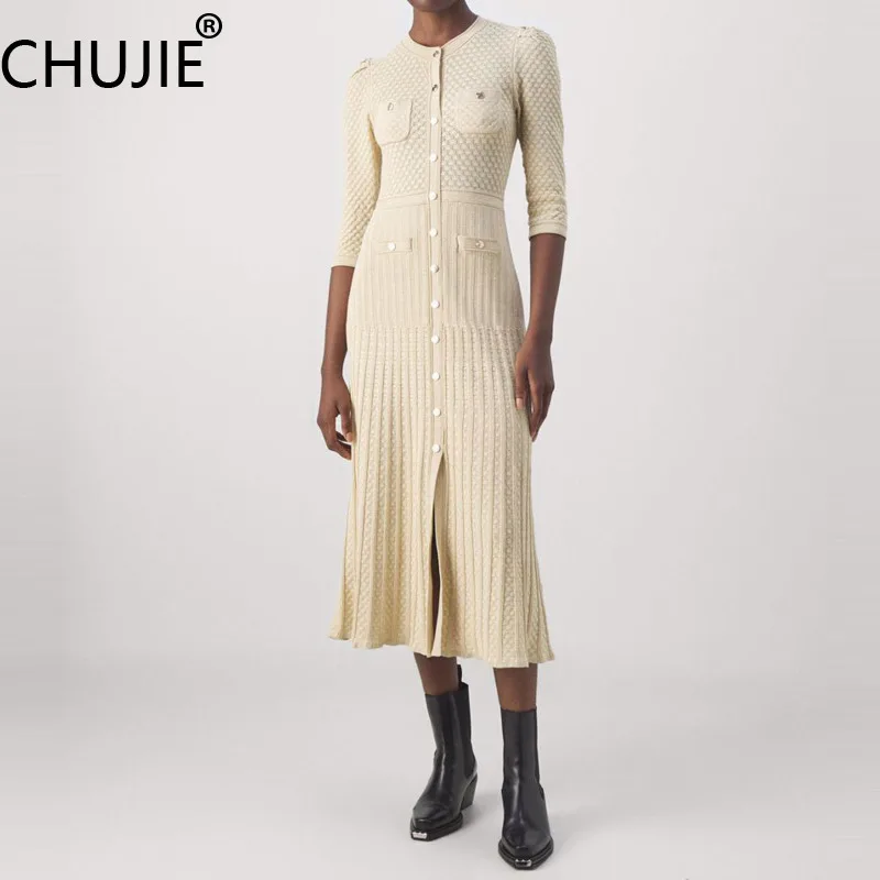 

CHUJIE Gold Thread Knit Dress - Hook Flower Hollow Design - Slim Single-Breasted - Spring Summer Viscose Blend