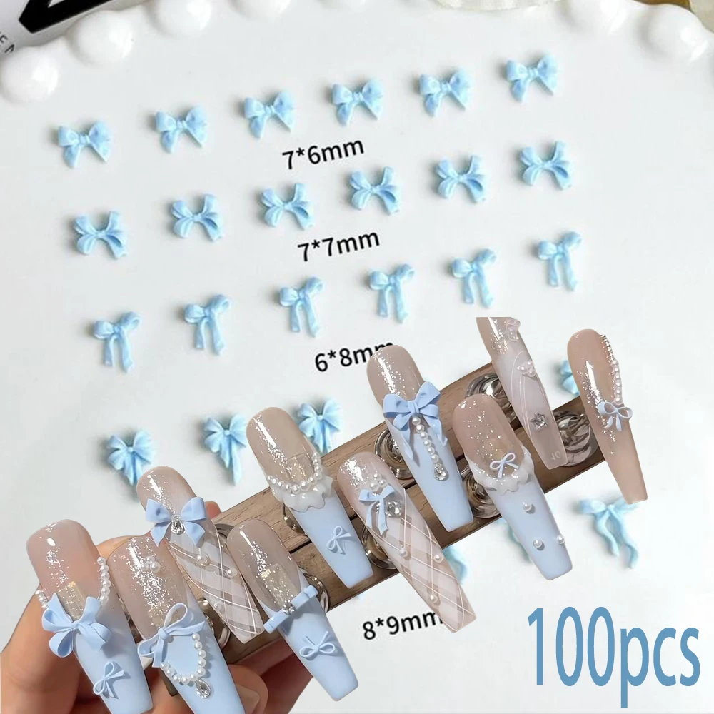 

100Pcs Sky Blue Mini Resin Bow Nail Charms 3D 5 Style Kawaii Ribbon Bows Nail Rhinestone Bowknots DIY Manicure Art Decorations