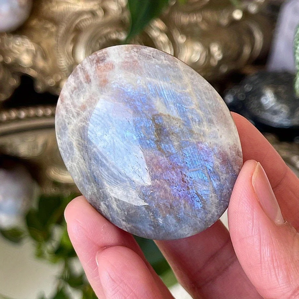 1pc Handcrafted Blue Flashy Moonstone Palm Stone- Polished Crystal with Iridescence