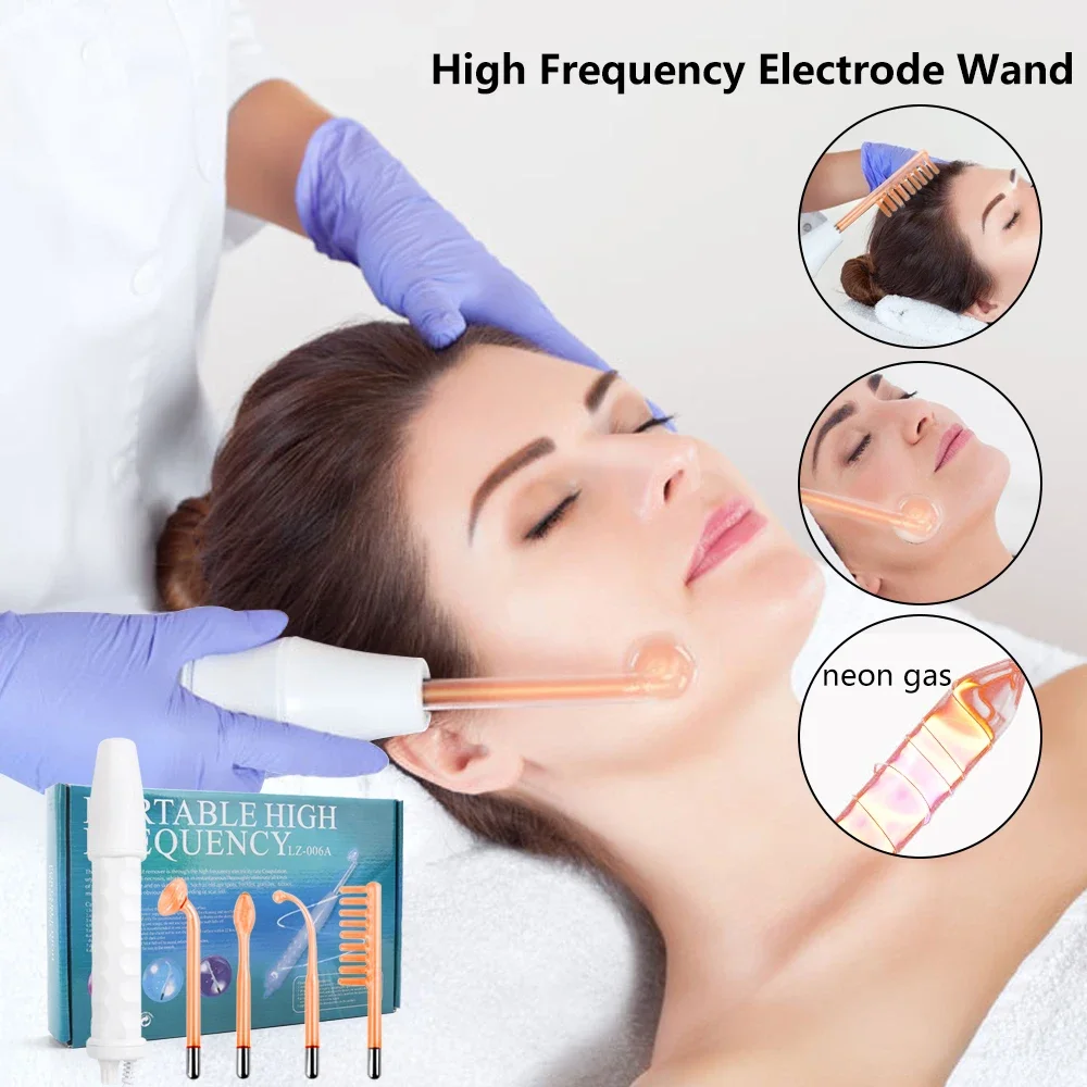 4in1 High Frequency Electrode Wand w/Neon Electrotherapy Glass Tube Acne Spot Remover Home Spa Beauty Device Facial Therapy Wand