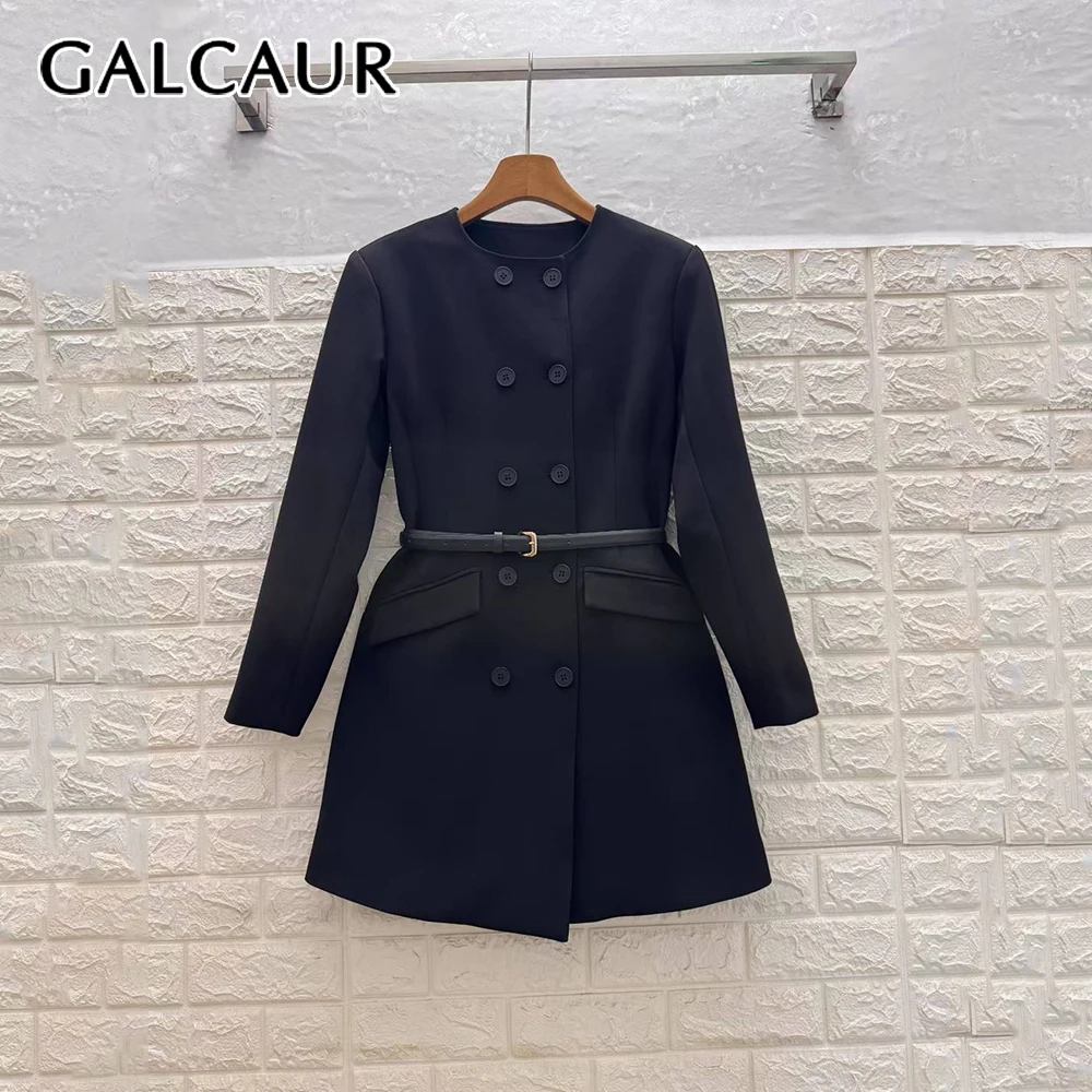 

GALCAUR Black Spliced Sashes Jacket Female O Neck Long Sleeve Patchwork Pocket Office Lady Women's Jackets Fashion Autumn Style