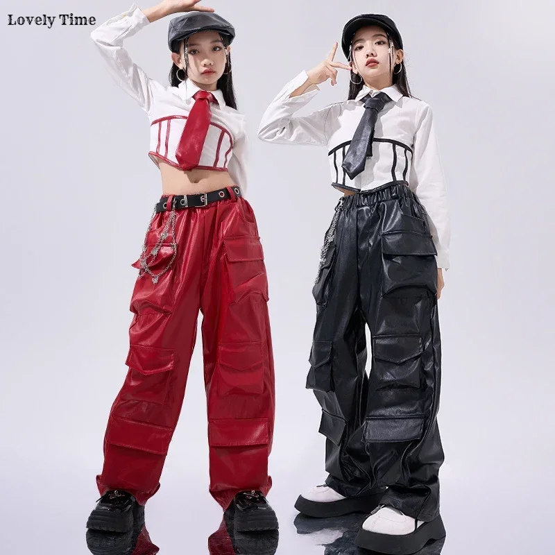 Girls Hip Hop Crop Top Pu Leather Cargo Pants Child School Uniform Costumes Kids Streetwear Jazz K-pop Street Dance Clothes Sets