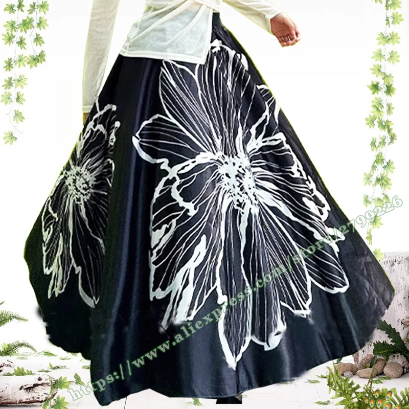 Female 2024 Chic and Elegant Woman Skirt Korean Fashion Black Big Floral Big flowers  High-waisted Flower Umbrella Sun skirt