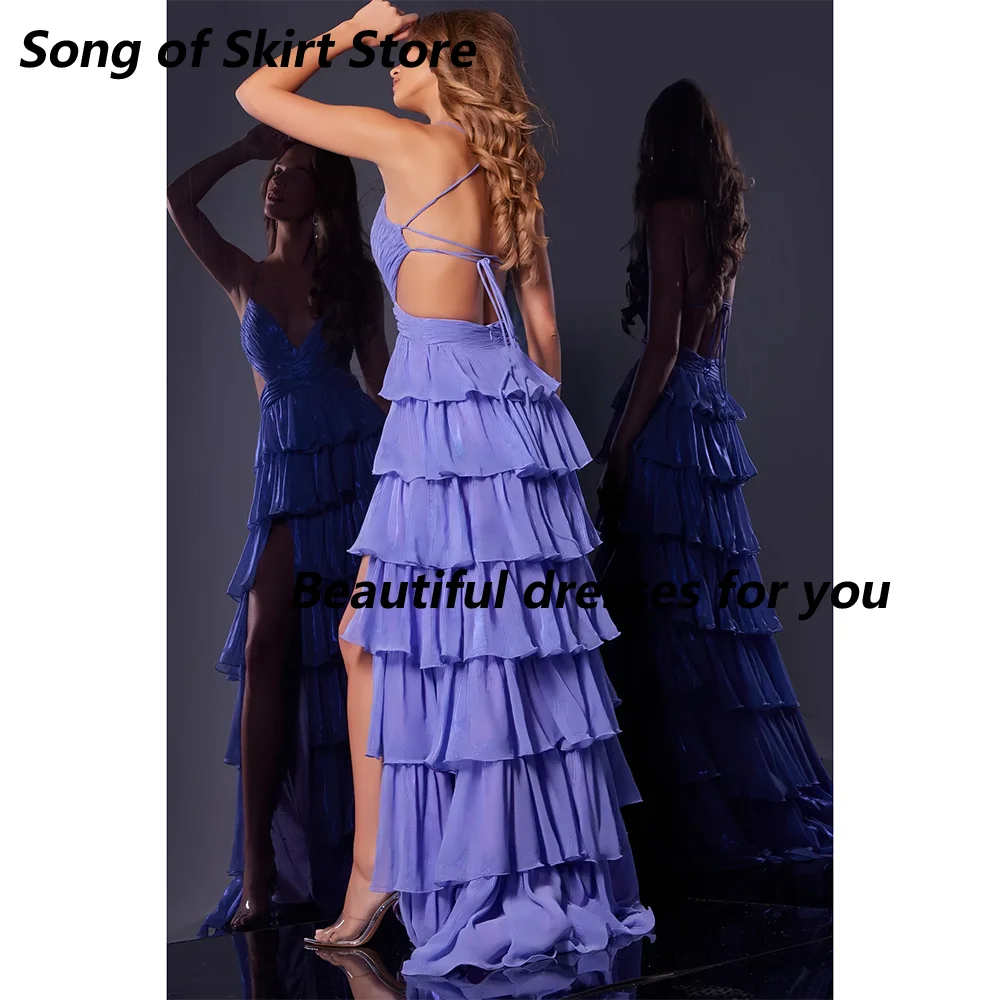 Customized Sexy Spaghetti Straps V-Neck Evening Dresses A-line Tiered Pleated Wedding Party Prom Gowns Long Cocktail Dresses