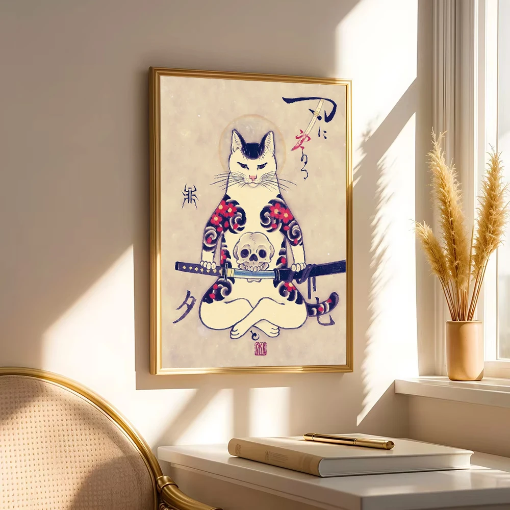 Vintage Japanese Irezumi Cat Oni Demon Canvas Poster Neutral Abstract Animals Canvas Wall Art for Living Room Decorations Gifts