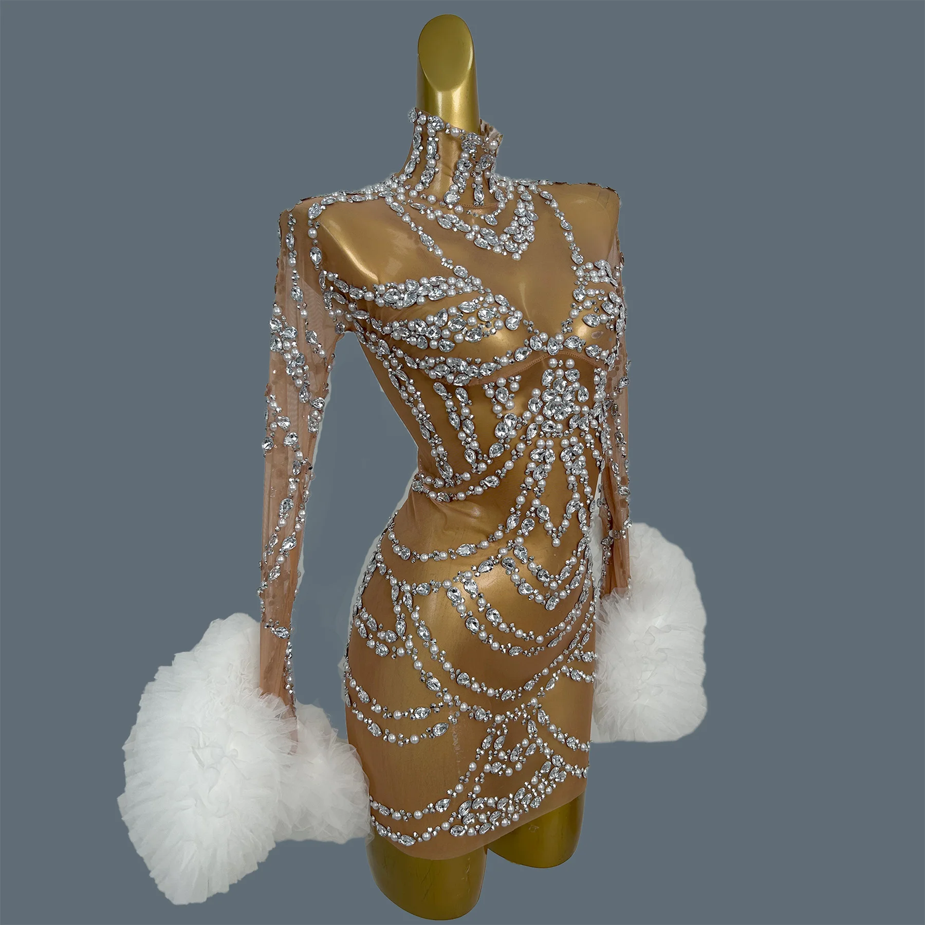 ชุดเดรสค็อกเทลประดับคริสตัลและไข่มุก งานปาร์ตี้ งานพรอม งานกาล่า ชุดออกงาน ชุดถ่ายรูปวันเกิด  ผ้าตาข่ายซีทรู  สำหรับผู้หญิง  แบรนด์ Maozhua