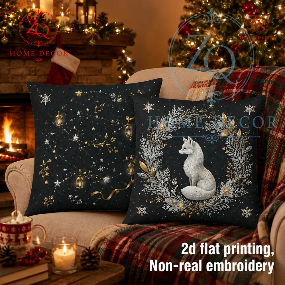 Black  gold light luxury Christmasstyle pillowcase with white fox  Hoshino style full  mosphere plush texture perfect  winter