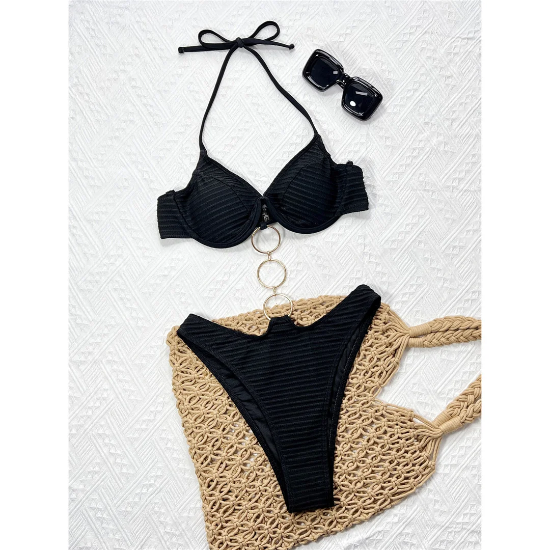 Badeanzug mit hohem Beinausschnitt, Badebekleidung für Damen, mit Metallringen, geraffter Stoff, mit Bügel, einteiliger Badeanzug, Damen-Monokini V7037 – Detail 6