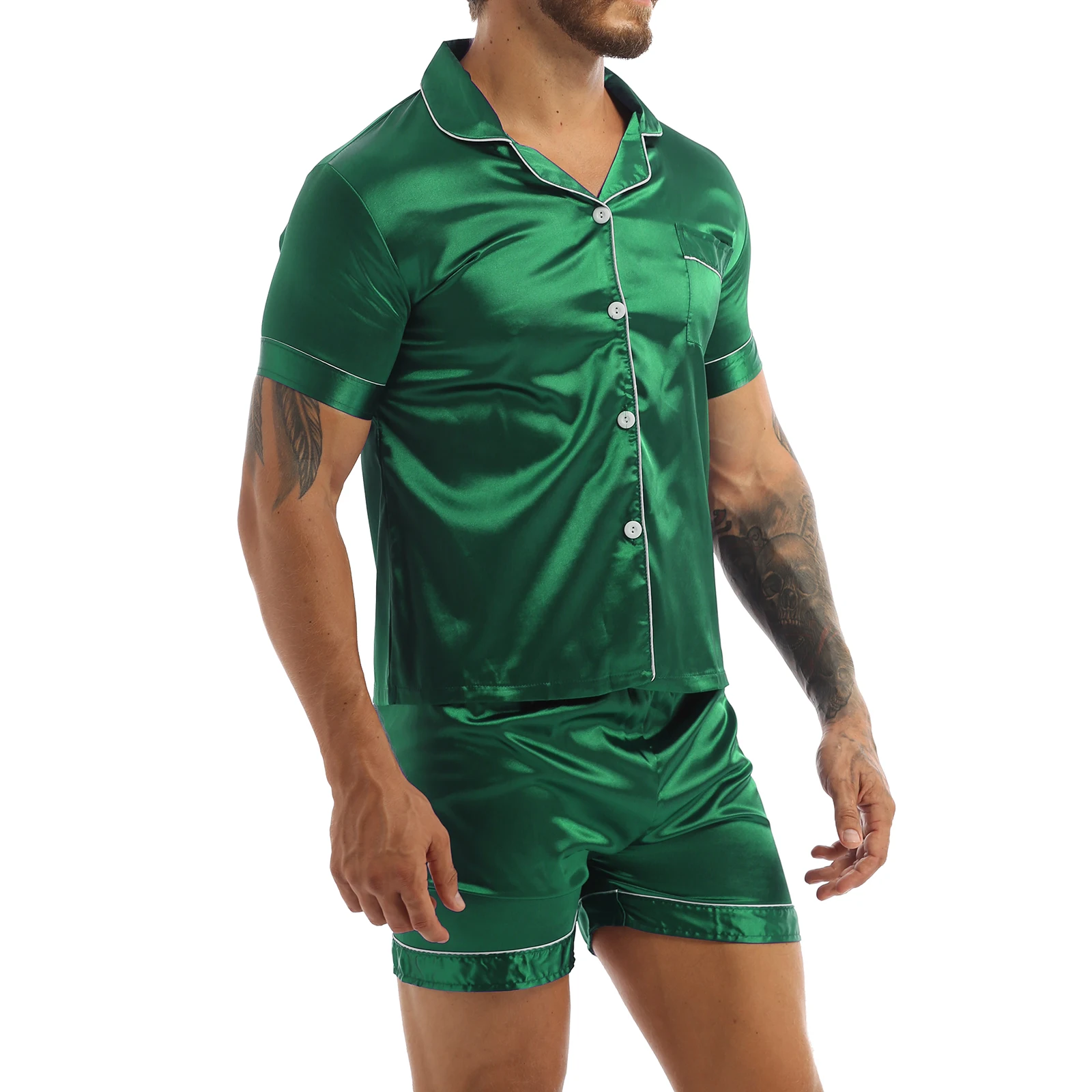 Men Two Piece Satin Sleep Outfits Set Sleepwear Short Sleeve And Shorts Classic Nightwear Bedroom Home Leisure Wear Pj Sets