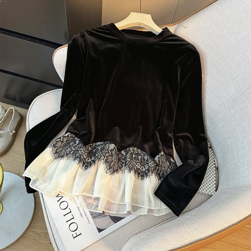 

Бархатная футболка премиум-класса с рюшами и кружевом, женская свободная футболка с длинными рукавами, дизайн осени 2025 года