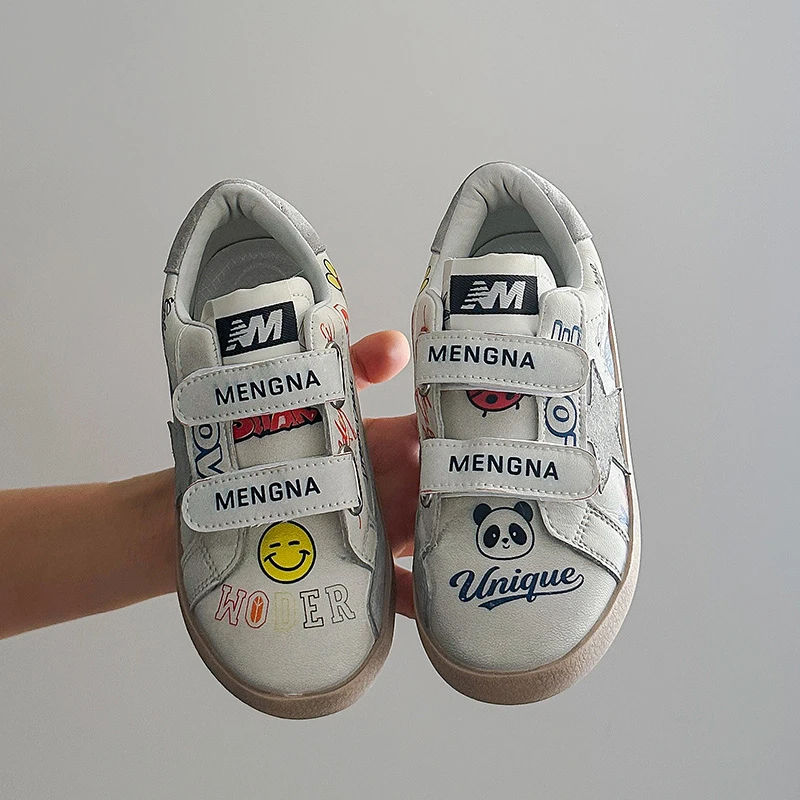 Kids'Casual Shoes PU Leather Cartoon Solid Color Autumn Flat Shoes For Children Anti-slip Breathable White Shoes Size 26-37