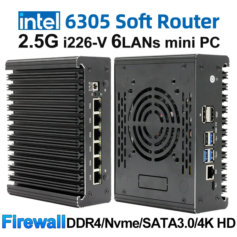 Router morbido Intel Celeron 6305 6 Lans i226-V 2.5G Mini PC senza ventola DDR4 COM DP Apparecchio firewall pfSense OPNsense ESXi Computer