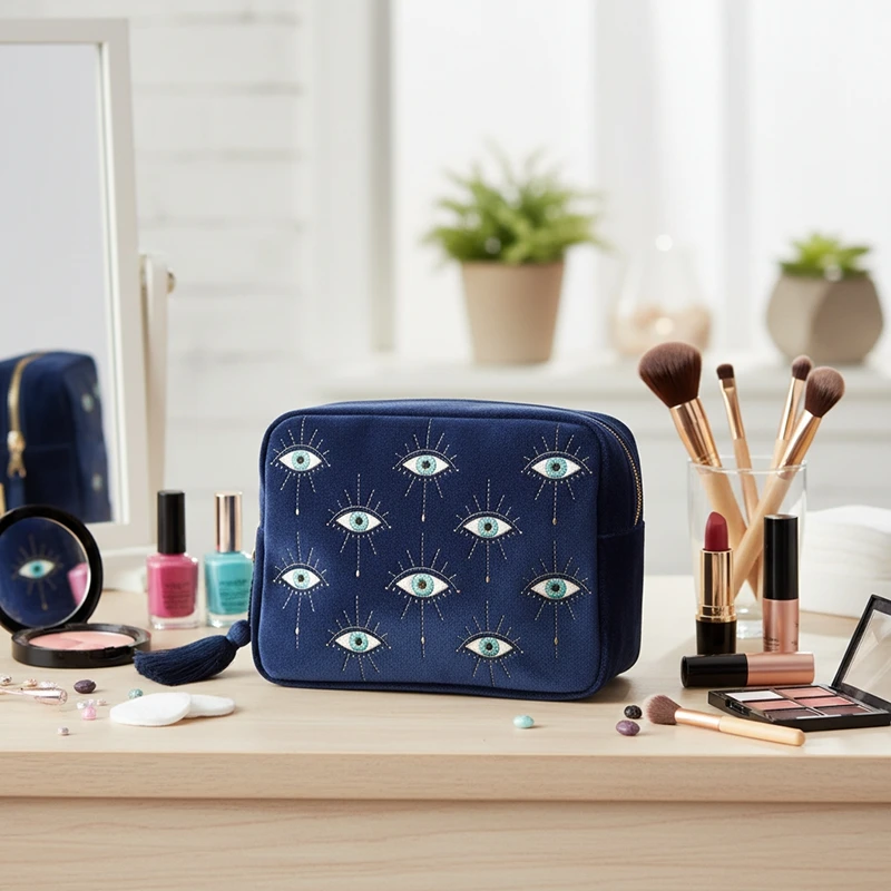 حقيبة مكياج محمولة مطبوعة برسوم كرتونية مخملية، منظم تخزين مستحضرات التجميل بسحاب، حقيبة غسيل للسفر، حقيبة مستحضرات التجميل