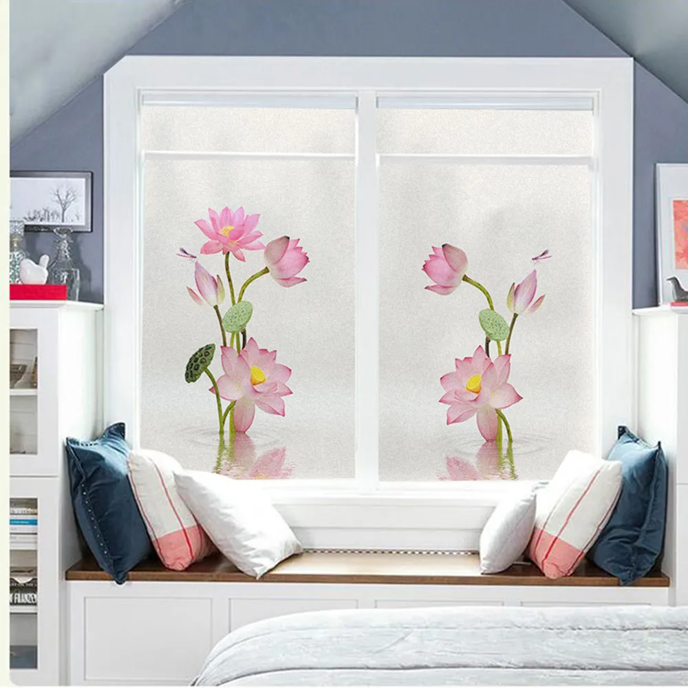 Static Cling Privacy Window Film Heat Control UV Blocking Window Glass Sticker Frosted Water Lily Window Tint