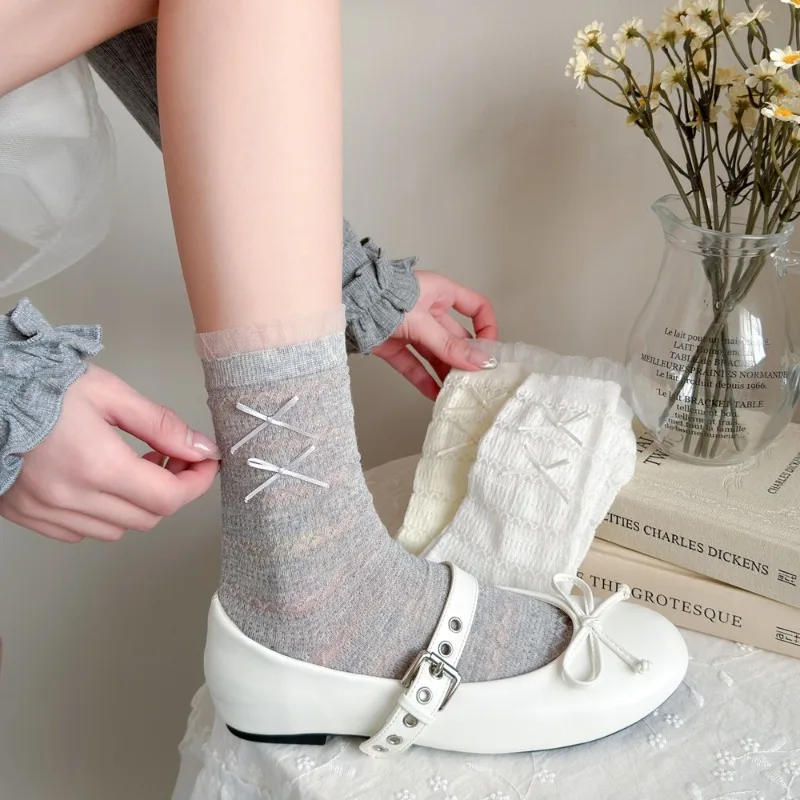 Women Ruffle Lace Cross Bow Breathable Mid Calf Stackable Socks Match Mary Jane Flats Cute Aesthetic Daily School Casual Socks