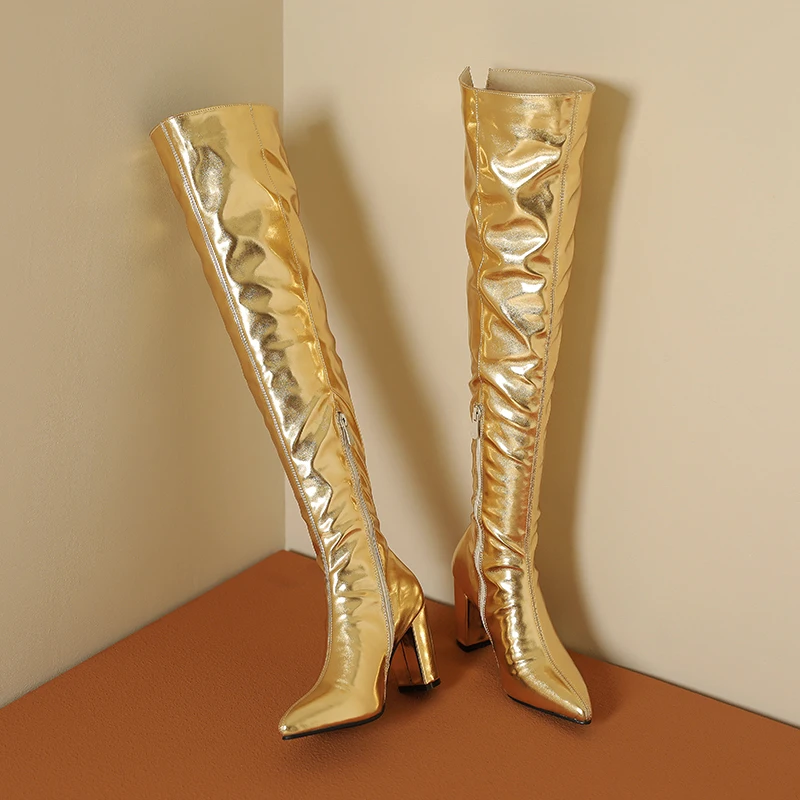 Winter Plus Size 40-45 Sexy Thigh High Boots Long Over Knee Gold Silver Block High Heel Boot Womens Shoes Pointed Toe Botas 2023