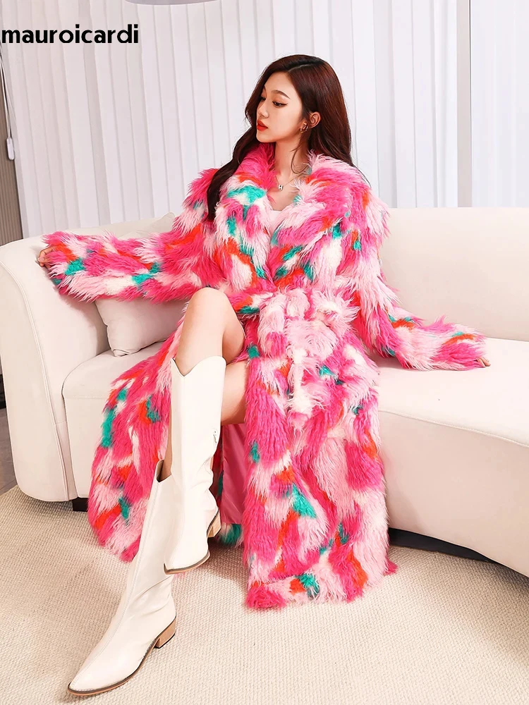 Mauroicardi Winter Luxury Oversized Extra Long Colorful Multicolored Thick Warm Fluffy Shaggy Hairy Faux Fur Coat Women Sashes