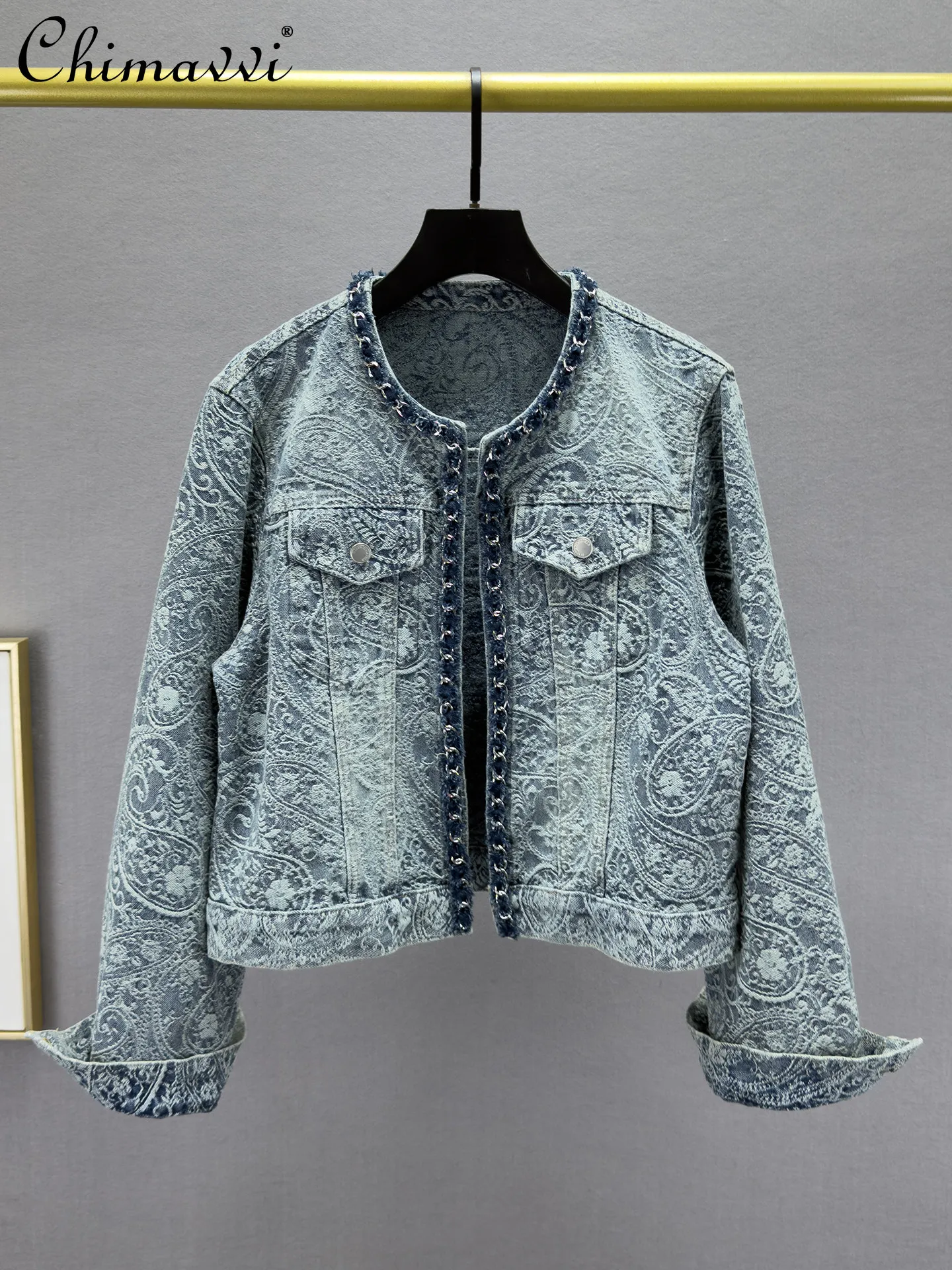 

Fashion Cropped Denim Jacket for Women 2026 Spring New Heavy Long-sleeved Slim-fit Vintage Distressed Jacquard Long-sleeve Coat