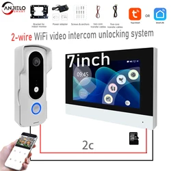 Pantalla táctil a Color de 7 pulgadas, videoportero de 2 cables, videoportero, teléfono inteligente para puerta, Tuya, Wifi, cámara de 1080P, timbre, sistema de seguridad de puerta