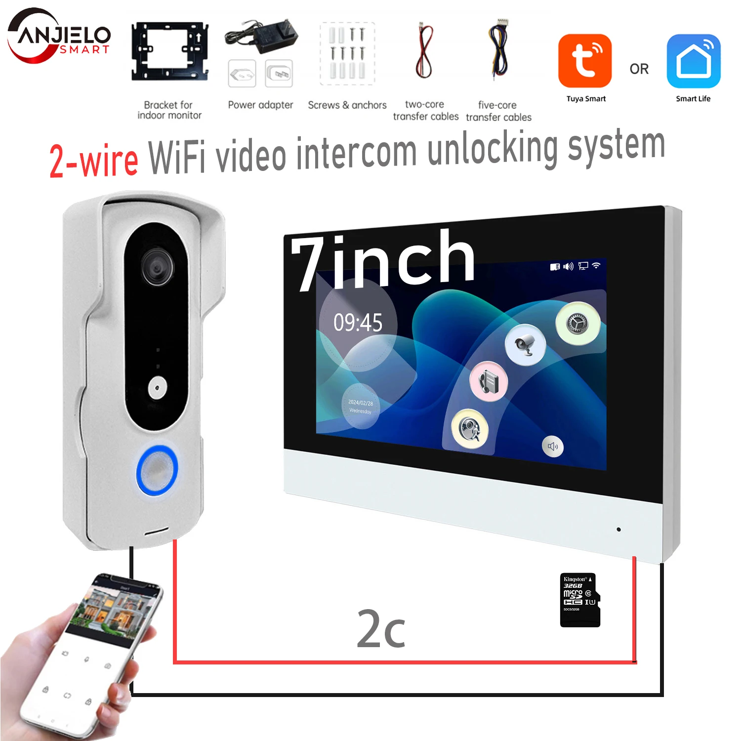 7inch Color Touch Screen 2 Wire Video Intercom Video Door Phone Smart Home Tuya Wifi 1080P Camera Doorbell Door Security System